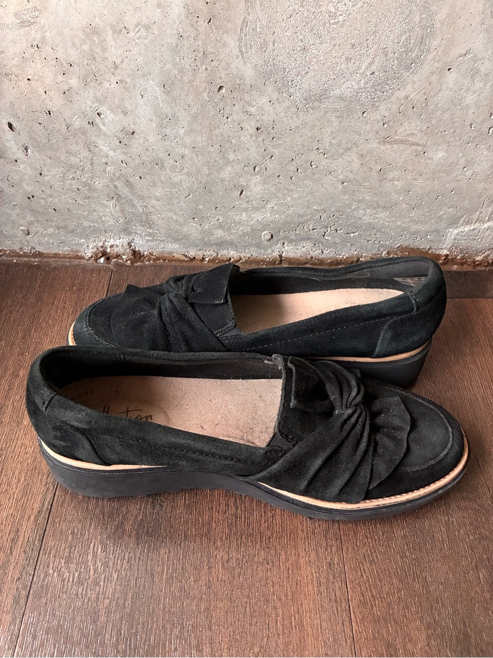 Clarks Black Suede Knotted Loafers